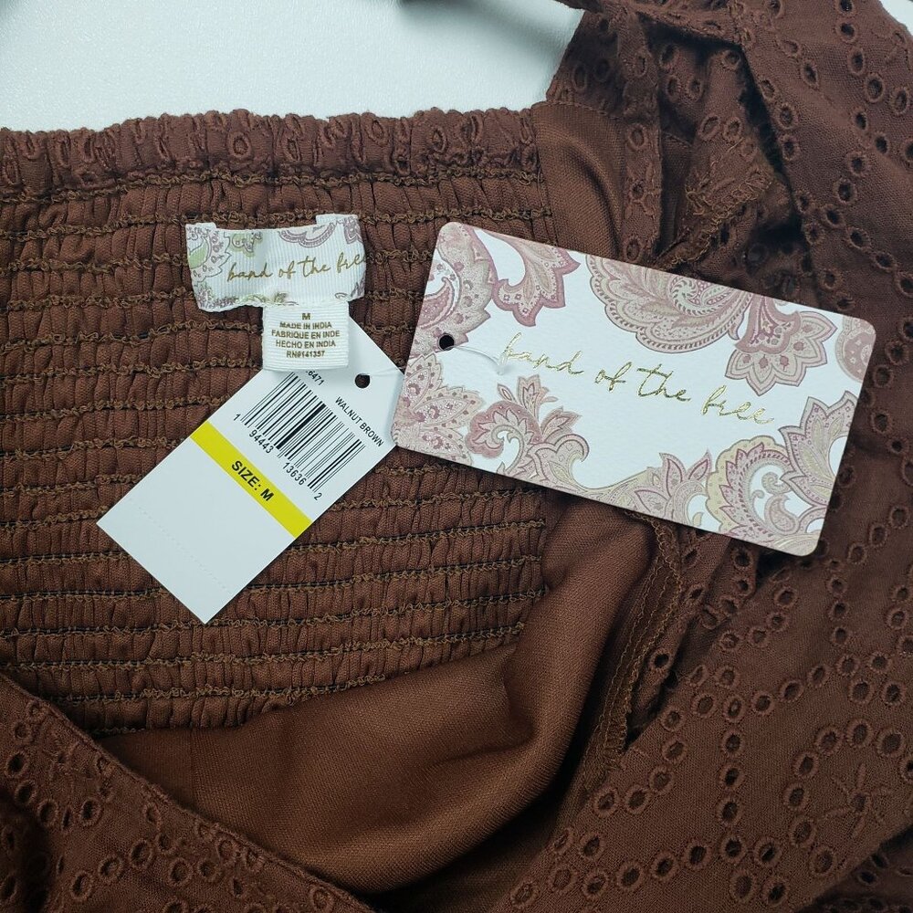 BOG Band Of The Free Eyelet Crop Top Women Medium Walnut Brown Boho Puff Sleeves - Picture 2 of 16